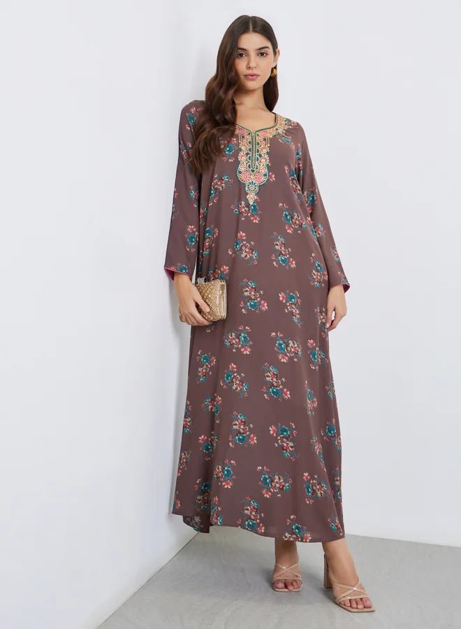 مكسيم كريشن Maxim Creation Multi Thread Embroidery Jalabiya with Floral Print