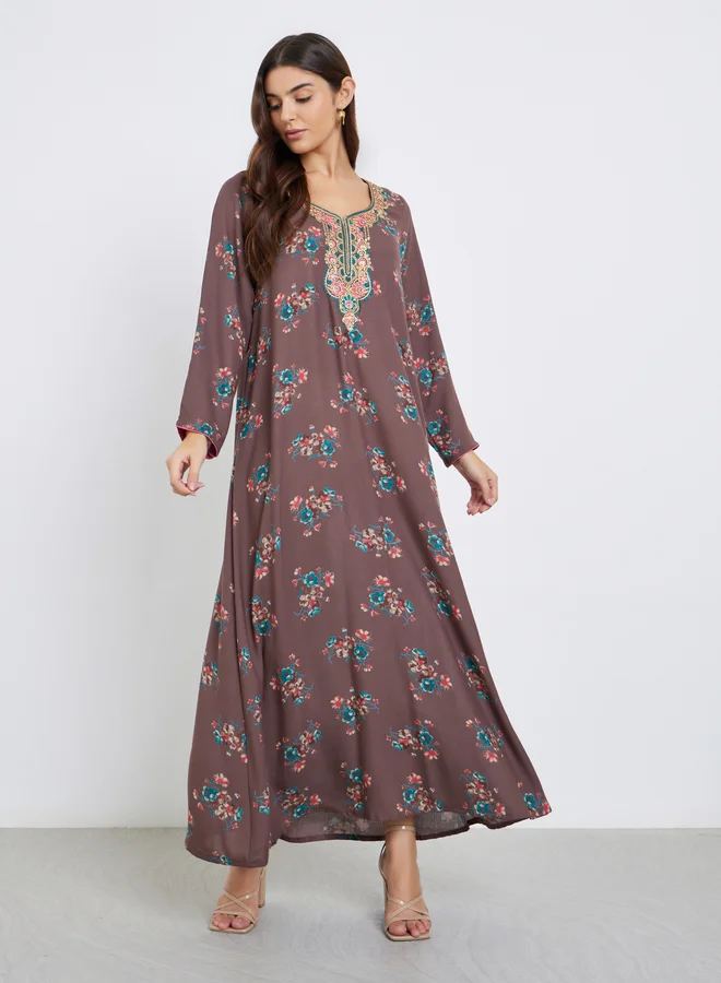 مكسيم كريشن Maxim Creation Multi Thread Embroidery Jalabiya with Floral Print