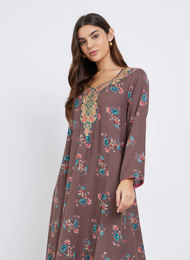 Maxim Creation Maxim Creation Multi Thread Embroidery Jalabiya with Floral Print