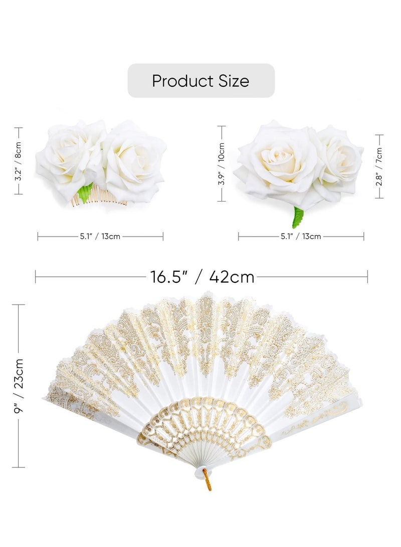 Excefore 2 Pieces Women Rose Flower Hair Clip and Embroidered Sequins Fabric Handheld Folding Fan Hair Accessories for Flamenco Dancer Costume Accessories Girl Cosplay Party  - Image 5