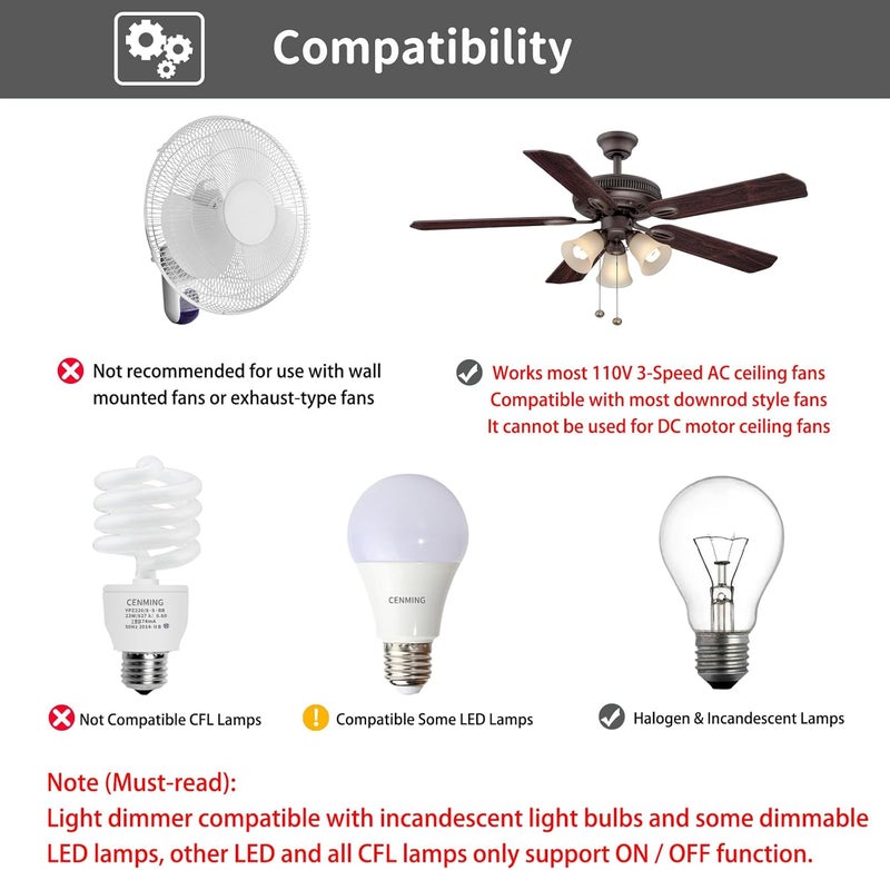 CENMING Universal Ceiling Fan Remote Control Kit Replacement for Harbor Breeze Hampton Bay Hunter Litex, 3-Speed Light Dimmer with FAN28R Receiver, for 2AAZPFAN53T FAN-53T 11T KUJCE9103 UC7030T - Image 3