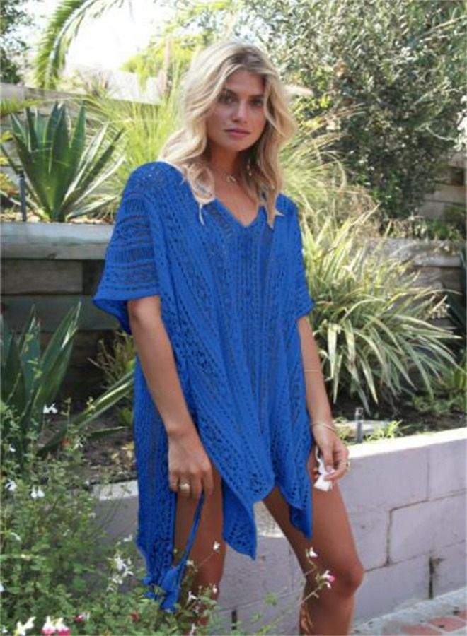 Loquat Solid Loose Beach Dress Blue  - Image 1