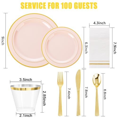 GATHER 700PCS Pink Plastic Plates Gold Rim Disposable Plastic Dinnerware Set Include 200 Pink Plates 300 Silverware 100 Napkins 100 Cups for Party Wedding Valentines Day - Image 5