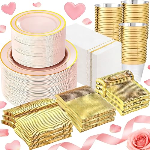 GATHER 700PCS Pink Plastic Plates Gold Rim Disposable Plastic Dinnerware Set Include 200 Pink Plates 300 Silverware 100 Napkins 100 Cups for Party Wedding Valentines Day - Image 2