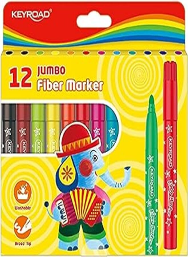Keyroad Jumbo Felt Tip Pens, 12 Pieces, Robust 5 mm, School Felt Pens, Fibre-Tip Pens with Hole for Hanging, Adults and Children, Perfect for School Work, Mixed Colours
