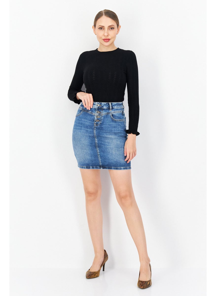 Zero - Women Washed Denim Mini Skirt, Blue - Image 1
