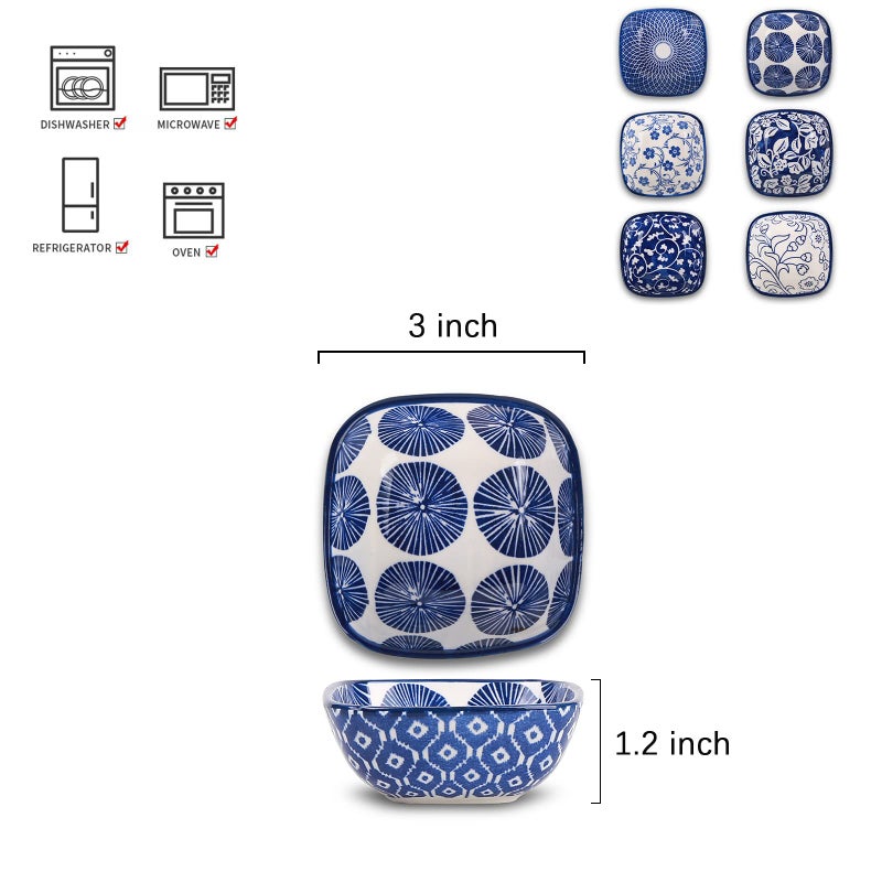 Selamica Ceramic 2.6 OZ Square Dipping Bowl Set, Soy Sauce Dish 3 inch Small Bowls for Ketchup Condiments Side Dish BBQ, Ramekins Oven safe, Stackable, Set of 6, Vintage Blue - Image 2