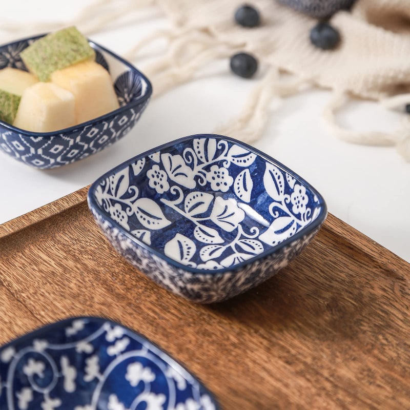 Selamica Ceramic 2.6 OZ Square Dipping Bowl Set, Soy Sauce Dish 3 inch Small Bowls for Ketchup Condiments Side Dish BBQ, Ramekins Oven safe, Stackable, Set of 6, Vintage Blue - Image 3