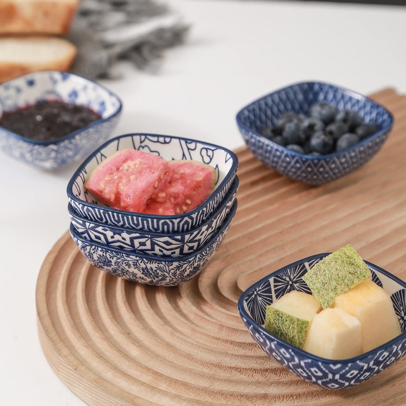 Selamica Ceramic 2.6 OZ Square Dipping Bowl Set, Soy Sauce Dish 3 inch Small Bowls for Ketchup Condiments Side Dish BBQ, Ramekins Oven safe, Stackable, Set of 6, Vintage Blue - Image 5