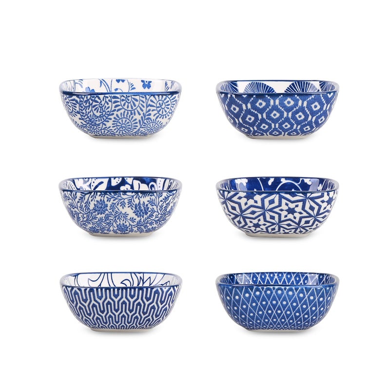 Selamica Ceramic 2.6 OZ Square Dipping Bowl Set, Soy Sauce Dish 3 inch Small Bowls for Ketchup Condiments Side Dish BBQ, Ramekins Oven safe, Stackable, Set of 6, Vintage Blue - Image 1