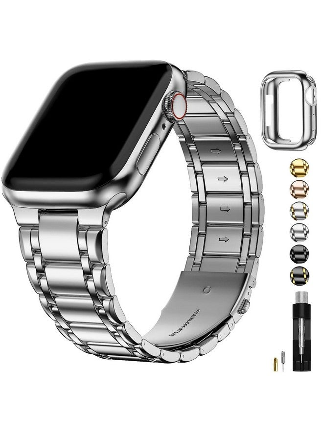 Fullmosa Fullmosa Compatible Apple Watch Bands 49mm 45mm 44mm 42mm 41mm 40mm 38mm, Stainless Steel iWatch Band with Case Metal Strap for Apple Watch Series Ultra 9 8 7 6 5 4 3 2 1 SE,42mm 44mm 45mm Silver - Image 1