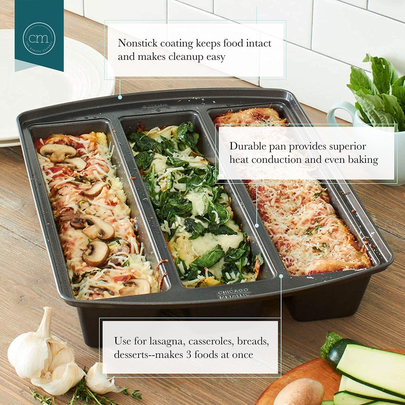 chicago metallic Chicago Metallic Professional Lasagna Trio Pan, Perfect for loaf breads, cakes and more 12.5 by 16 by 3 inches, Silver - Image 2