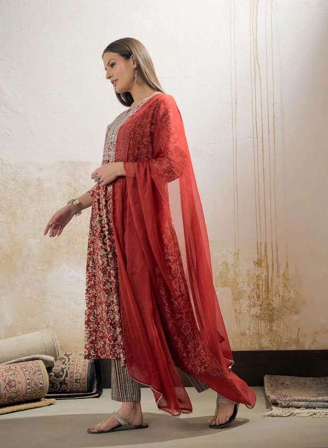 SASSAFRAS SASSAFRAS Maroon Floral Anarkali Kurta with Pencil Pants and Dupatta Set