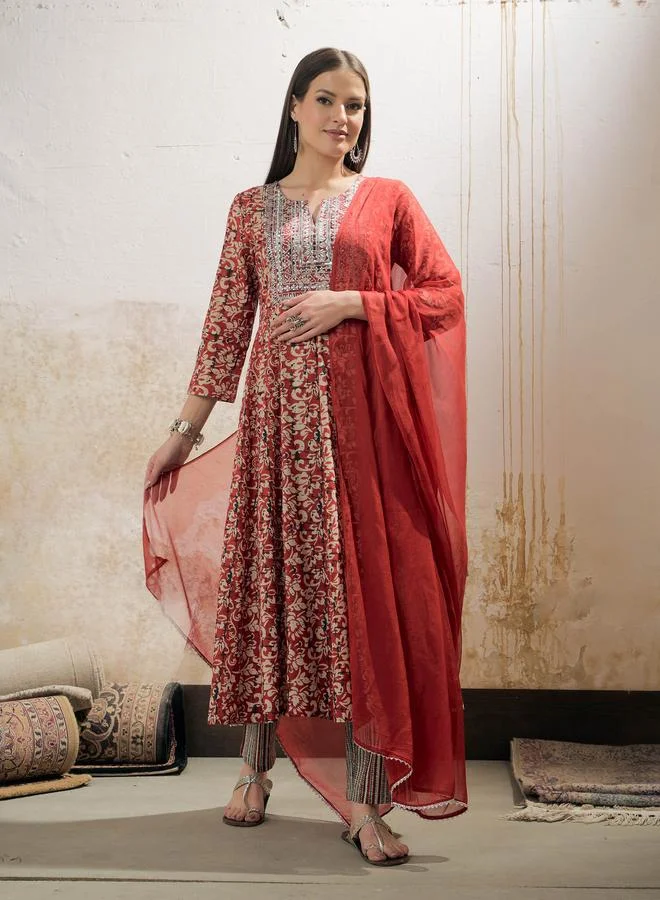 SASSAFRAS SASSAFRAS Maroon Floral Anarkali Kurta with Pencil Pants and Dupatta Set