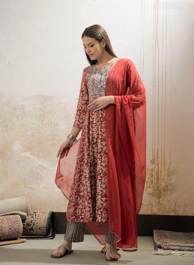 SASSAFRAS SASSAFRAS Maroon Floral Anarkali Kurta with Pencil Pants and Dupatta Set