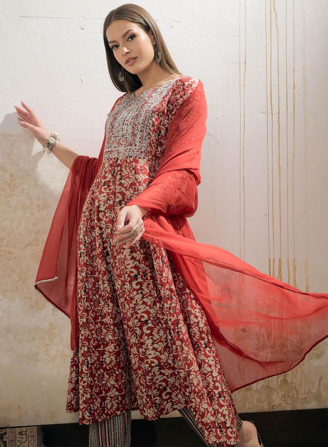 ساسافراس مجموعة ساسافراس أناركالي باللون الكستنائي المزهر مع بنطلون ضيق ودوباتا - Image 1