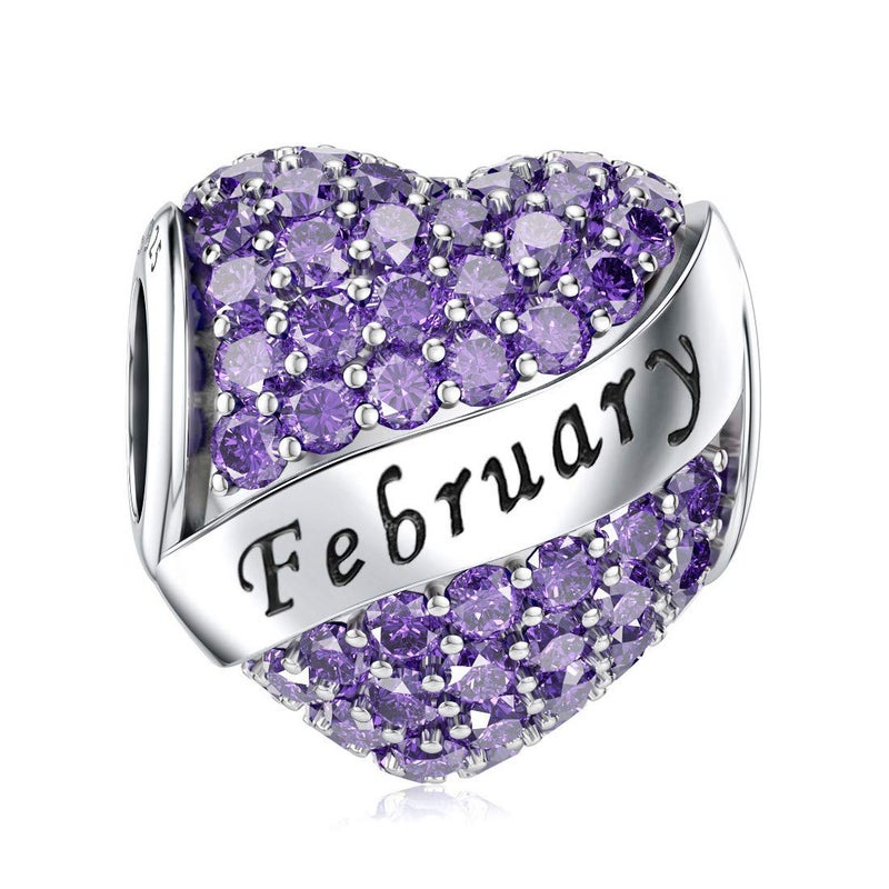 DALARAN Birthstone Charms for Pandora Bracelet 925 Sterling Silver Heart Bead Happy Birthday Present for Women (February Birthday Charms)