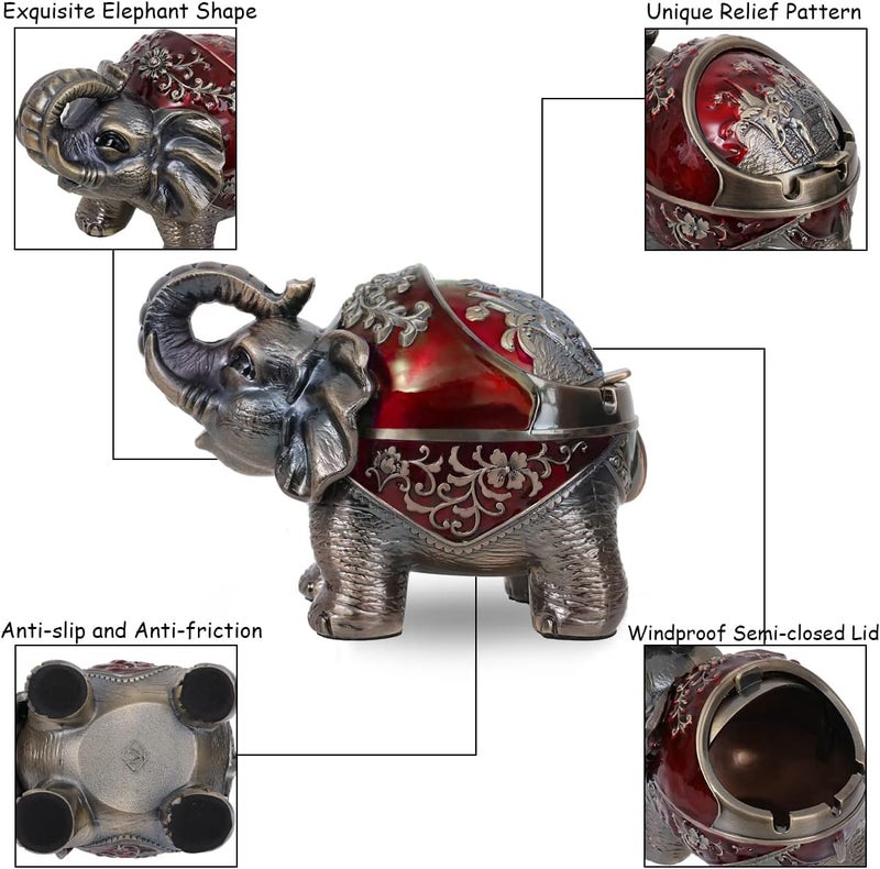 Gusnilo Elephant Ashtray with Lid - Windproof Metal Ashtray for Outdoor & Indoor Use, Practical Vintage Decoration (Red) - Image 4