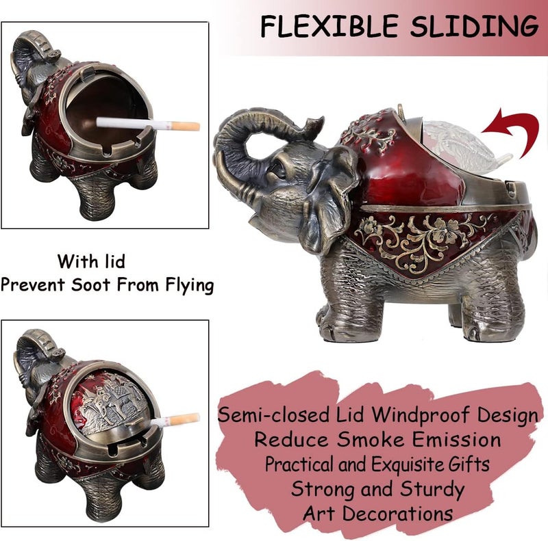 Gusnilo Elephant Ashtray with Lid - Windproof Metal Ashtray for Outdoor & Indoor Use, Practical Vintage Decoration (Red) - Image 3
