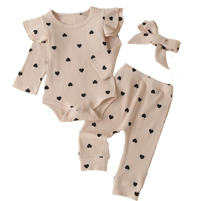 Fullfamous Infant Baby Girl Clothes Outfits,Fall Winter Romper Christmas Clothing Set 3-6 months Ecru Heart - Image 1