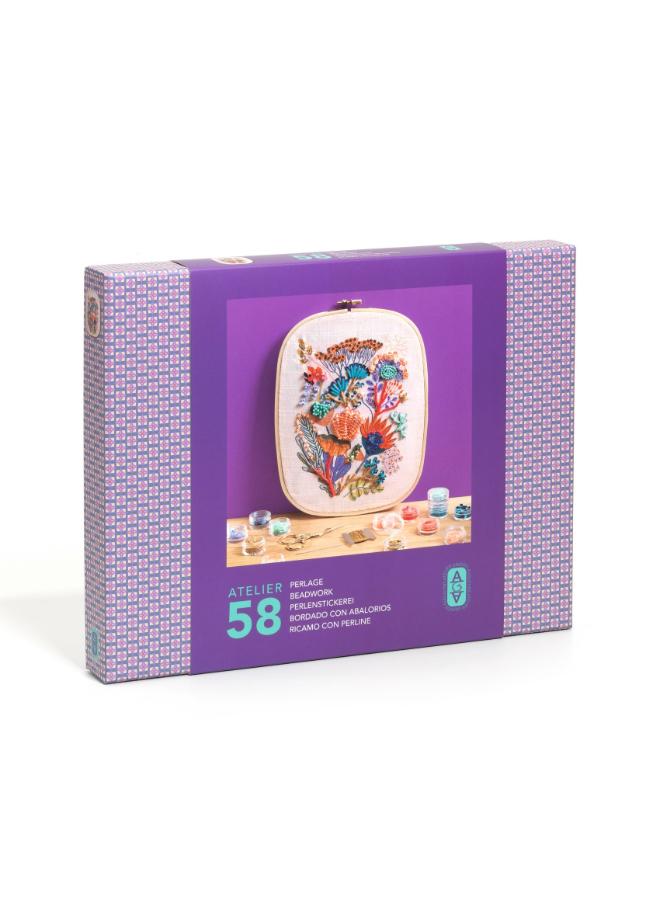 Djeco Atelier 58 Beadwork Art Kit, DIY Embroidery Set with Wooden Hoop, Printed Canvas, Beads and Sequins, Needles, Thread, Scissors, Creative Hobby Kit for Home Craft and Decorative Art - Image 1