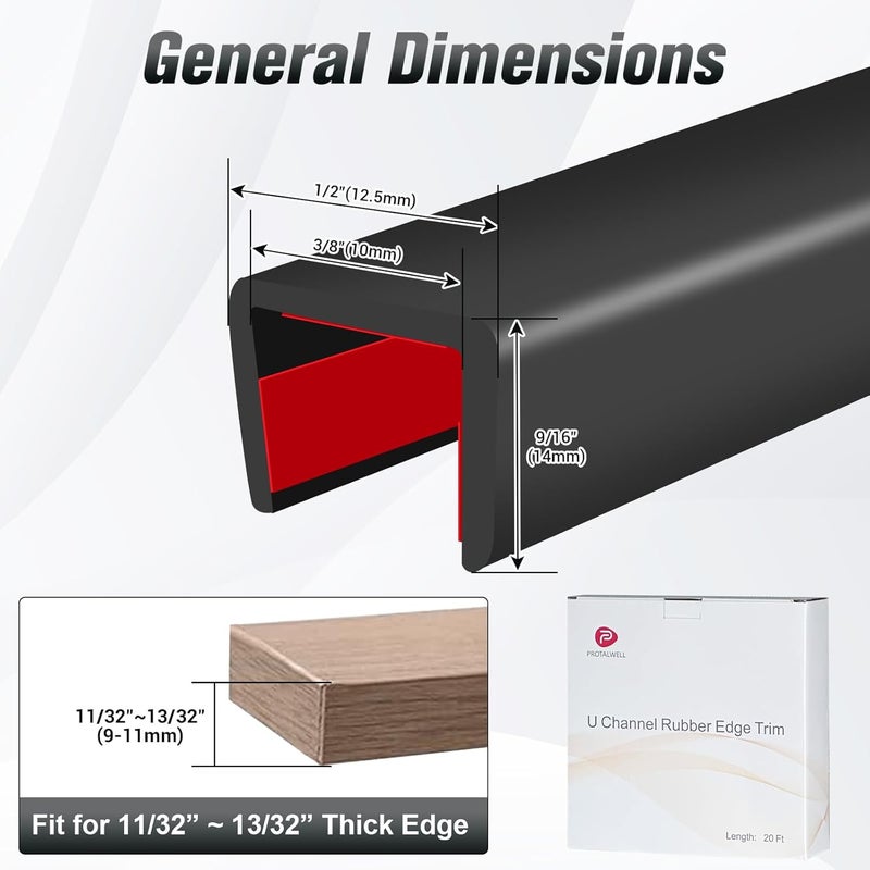 Protalwell Rubber Edge Trim, Self Adhesive U Channel Edge Trim, Big Size U Shaped Trim, Edge Banding for Plywood, Woods, Shelf, Cabinet, Countertop, Size 3/8"(10mm), Length 20Ft, Black - Image 2