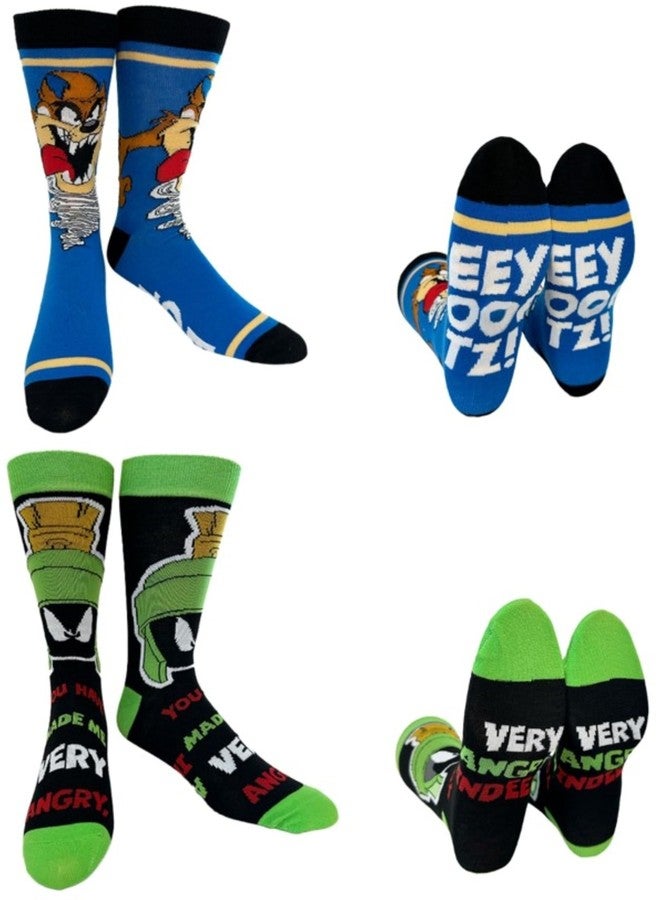 Hyp “Sock Talk” Looney Tunes 2 pack Men's Socks. 2 pair Tasmanian Devil Taz & Marvin the Martian -- Bottom Sole Text: EEY OOF TZ & Very Angry Men’s Shoe Size 6-12 - Image 1