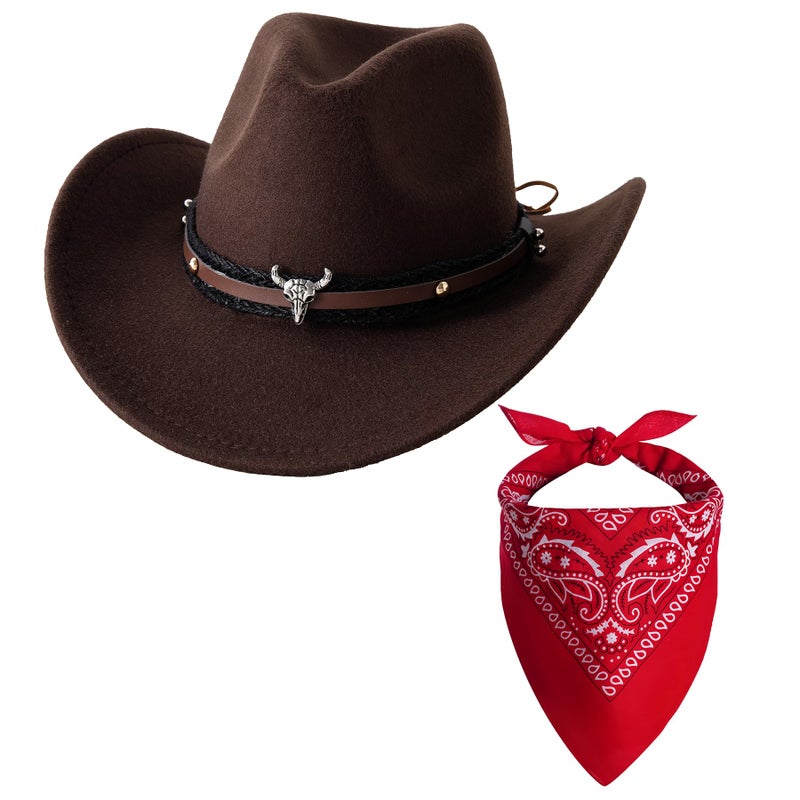 Jastore Baby Boys Girls Western Hats Toddler Cowboy Leather Buckle Felt Cowgirl Hat with Cowboy Red Bandanas (US, Age, 1 Year, 3 Years, Coffee) - Image 1