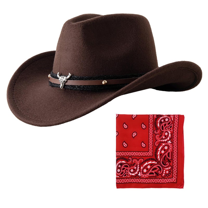 Jastore Baby Boys Girls Western Hats Toddler Cowboy Leather Buckle Felt Cowgirl Hat with Cowboy Red Bandanas (US, Age, 1 Year, 3 Years, Coffee) - Image 2