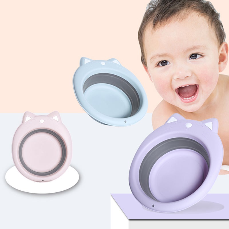 2 pcs Portable Washbasin Basin Adorable Cat Shape Folding Washing Basin Cartoon Folding Washbasin Washtub (Sky- ) - Image 1