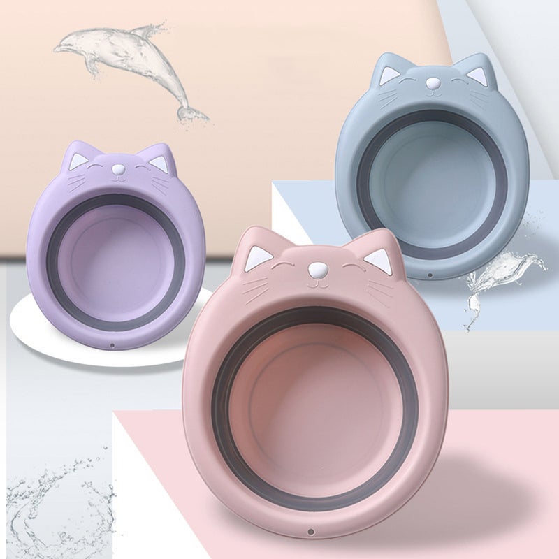 2 pcs Portable Washbasin Basin Adorable Cat Shape Folding Washing Basin Cartoon Folding Washbasin Washtub (Sky- ) - Image 4