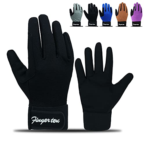 FINGER TEN Horse Riding Gloves Equestrian Women Kids for Girls Boys Mesh Breathable Lightweight Color Pack Comfortable Grip for Summer KidsBlack Small - Image 1