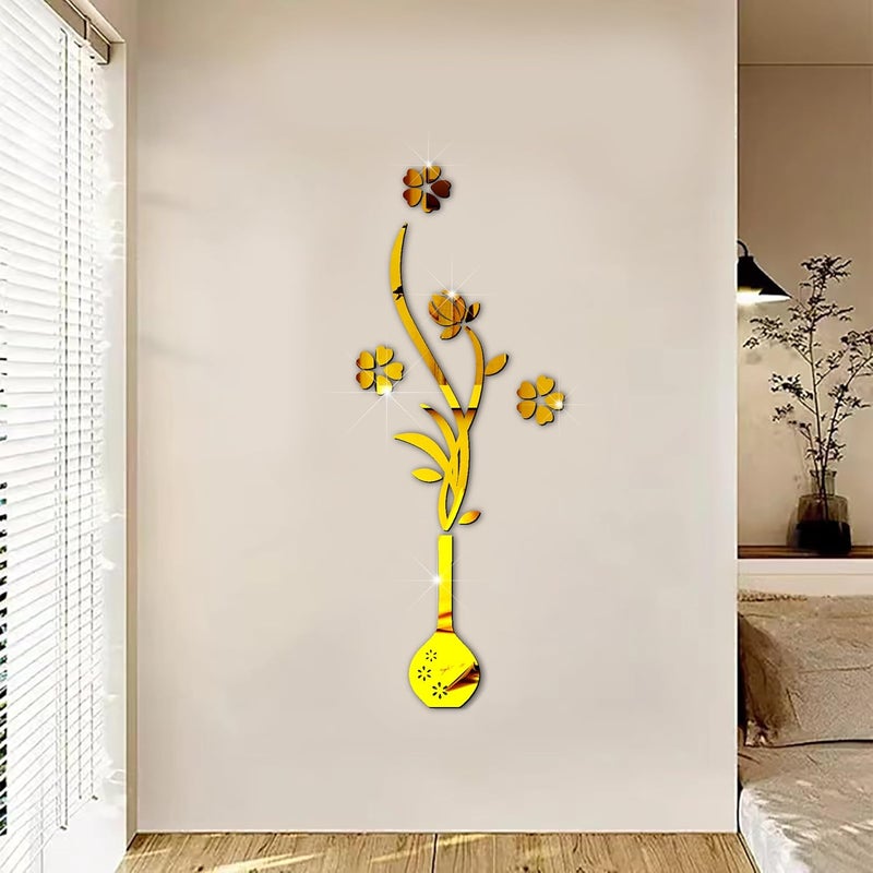 VAH- Kya Bat Hai !! VAH Kya Bat Hai Golden Pot with Flower Mirror Stickers for Wall Acrylic Mirror Wall Mirror 3D Stickers Wall Stickers for Room Hall Home and OfficeSet of 30 Pieces  - Image 1