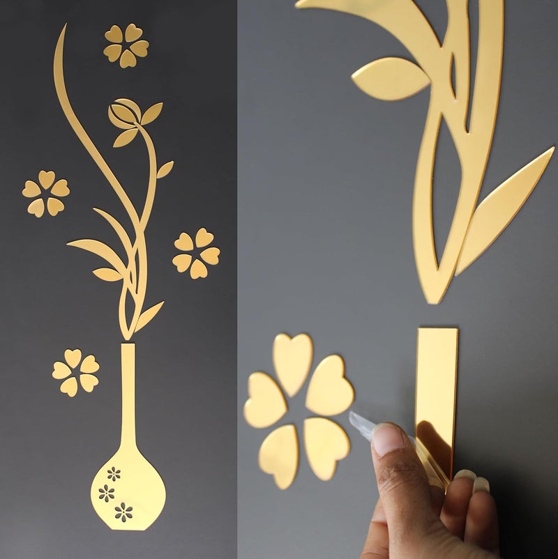 VAH- Kya Bat Hai !! VAH Kya Bat Hai Golden Pot with Flower Mirror Stickers for Wall Acrylic Mirror Wall Mirror 3D Stickers Wall Stickers for Room Hall Home and OfficeSet of 30 Pieces  - Image 2