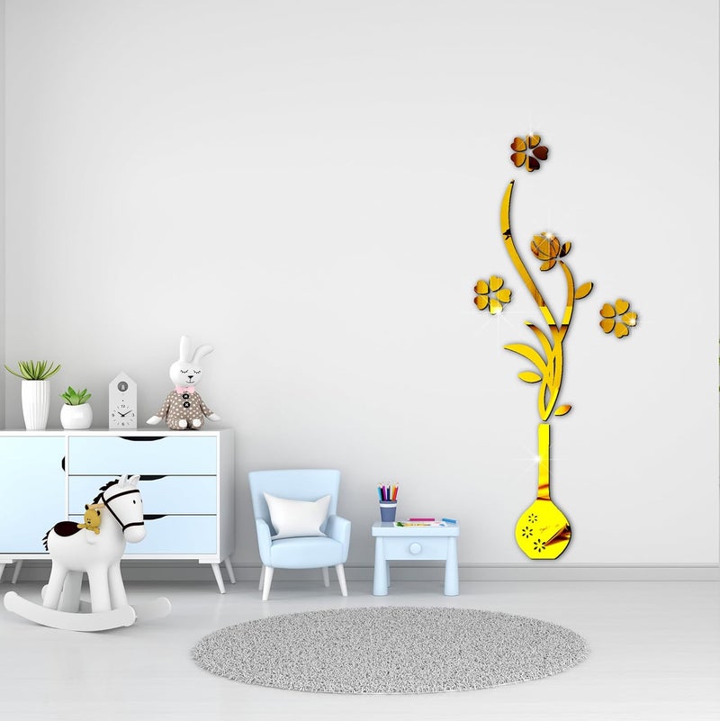 VAH- Kya Bat Hai !! VAH Kya Bat Hai Golden Pot with Flower Mirror Stickers for Wall Acrylic Mirror Wall Mirror 3D Stickers Wall Stickers for Room Hall Home and OfficeSet of 30 Pieces  - Image 5