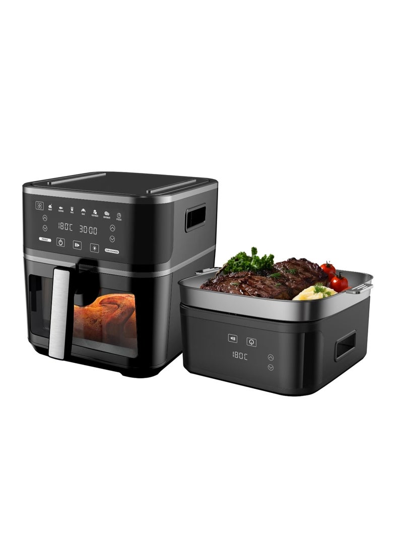 2 in 1 Air Fryer Grill Combo, 8L 1650W Large Electric Hot Airfryer with Detachable Roasting Basket, 12 Touch Presets, Clear Viewing Window, Smart Oven for Low Oil Healthy Family Meals