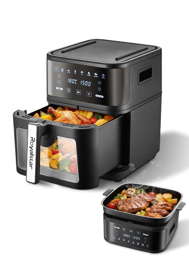 Royalstar 2 in 1 Air Fryer Grill Combo, 8L 1650W Large Electric Hot Airfryer with Detachable Roasting Basket, 12 Touch Presets, Clear Viewing Window, Smart Oven for Low Oil Healthy Family Meals - Image 1