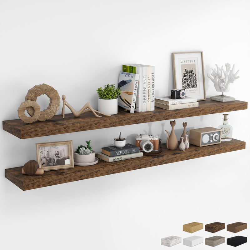 RICHFOCUS 72Inch Floating Shelves for Wall 2 Pack Shelves for Bedroom|Kitchen|Bathroom Wall Mounted Rustic Wood Floating Shelf with Invisible Brackets for Books|Storage|Decor, Rustic Brown - Image 1