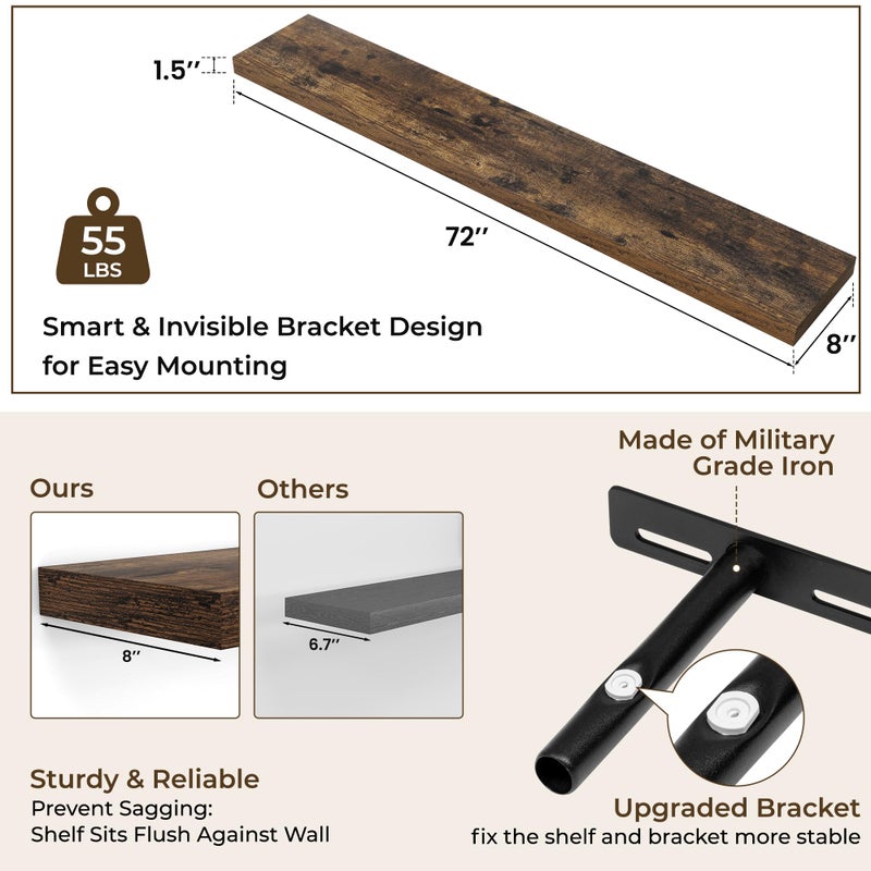RICHFOCUS 72Inch Floating Shelves for Wall 2 Pack Shelves for Bedroom|Kitchen|Bathroom Wall Mounted Rustic Wood Floating Shelf with Invisible Brackets for Books|Storage|Decor, Rustic Brown - Image 4