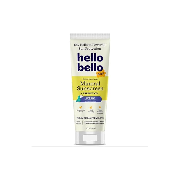 Hello Bello Mineral SPF 55 Sunscreen Lotion with Prebiotics, Water Resistant and Reef Friendly Sun Protection for Babies and Kids, 3 fl oz (Pack of 1)