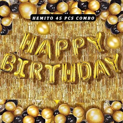 HEMITO Solid Happy Birthday Golden Foil Letter Balloons(13 foil latter 1 pack) With 30 Pic Black Gold Balloons And 2 Pcs Golden Metallic Fringe Shiny Curtains Balloon (Gold, Black, Pack of 45). - Image 1