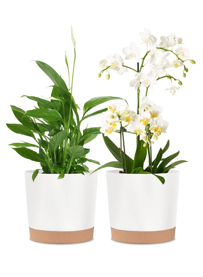 2 Pack 8 Inch Planters, Plastic Plant Pots with Drainage Holes and Removable Base, for Outdoor, Indoor and Garden (White) - Image 1