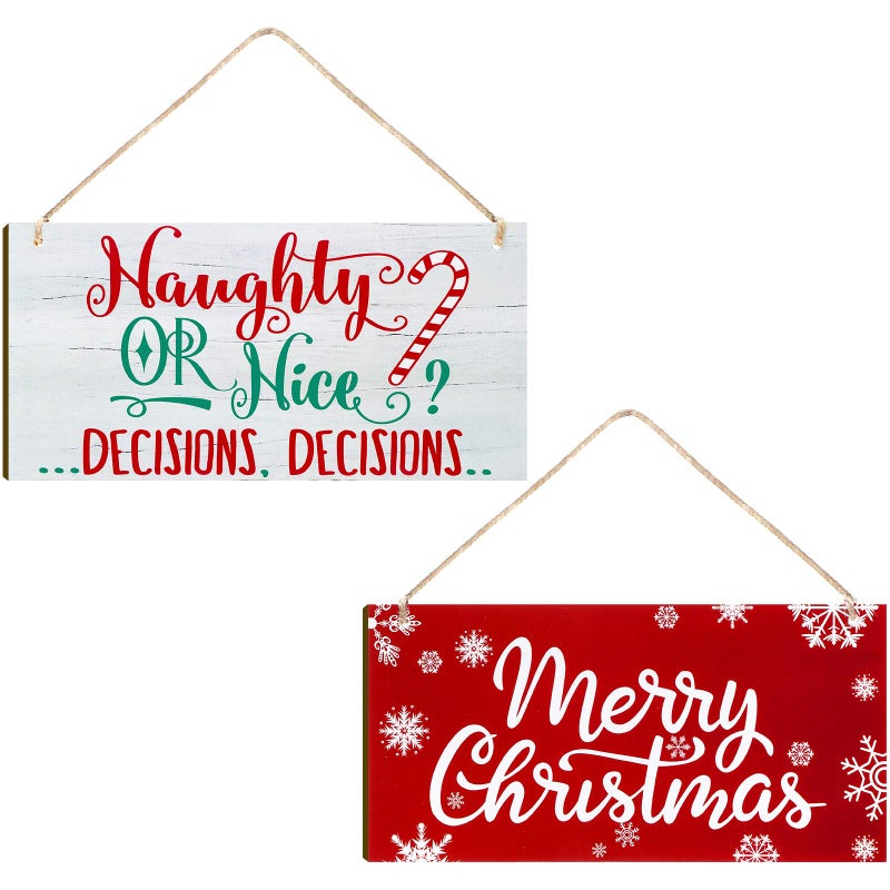 2 Pieces Christmas Wood Hanging Naughty or Nice Decisions Funny Signs Winter Decorative Wall Signs Rustic Wooden Door Sign Ornament for Indoor Outdoor Holiday Home Classroom Office Decoration