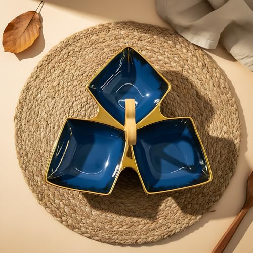 Lemon Tree Ceramic Tri-Part Platter with Bamboo Handle & Golden Rim Design – Serving Platter for Nuts, Chips, Snacks, Desserts, Fruits, Dips, Chutney (Blue) - Image 3