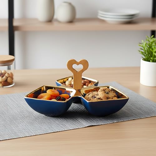 Lemon Tree Ceramic Tri-Part Platter with Bamboo Handle & Golden Rim Design – Serving Platter for Nuts, Chips, Snacks, Desserts, Fruits, Dips, Chutney (Blue) - Image 4