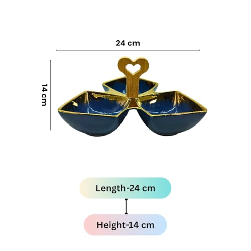 Lemon Tree Ceramic Tri-Part Platter with Bamboo Handle & Golden Rim Design – Serving Platter for Nuts, Chips, Snacks, Desserts, Fruits, Dips, Chutney (Blue) - Image 2