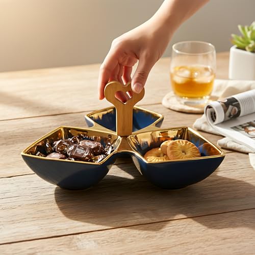 Lemon Tree Ceramic Tri-Part Platter with Bamboo Handle & Golden Rim Design – Serving Platter for Nuts, Chips, Snacks, Desserts, Fruits, Dips, Chutney (Blue) - Image 5