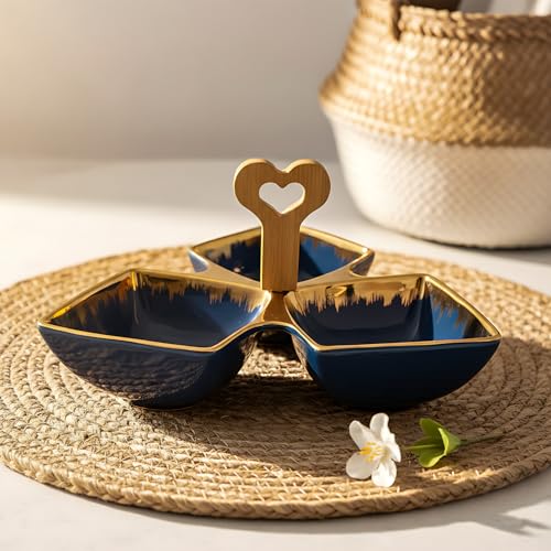 Lemon Tree Ceramic Tri-Part Platter with Bamboo Handle & Golden Rim Design – Serving Platter for Nuts, Chips, Snacks, Desserts, Fruits, Dips, Chutney (Blue) - Image 1