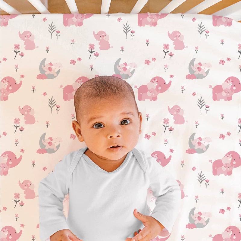 The Peanut Shell The Peanutshell 3 Piece Baby Crib Bedding Set for Girls - Newborn, Infant & Toddler Nursery Bed Set Decor with Fitted Crib Sheet, Dust Ruffle Comforter - Pink Elephant - Image 3