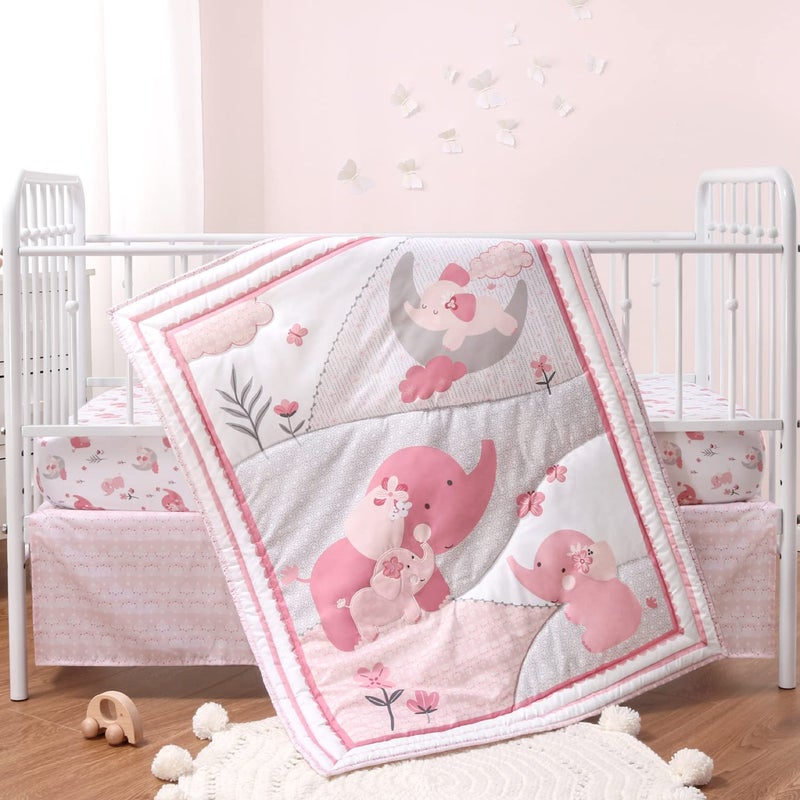 The Peanut Shell The Peanutshell 3 Piece Baby Crib Bedding Set for Girls - Newborn, Infant & Toddler Nursery Bed Set Decor with Fitted Crib Sheet, Dust Ruffle Comforter - Pink Elephant - Image 1